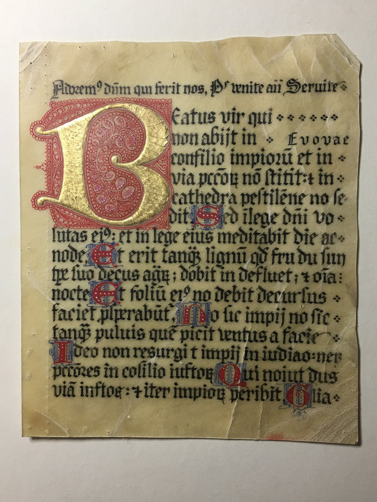 ; title: Raised & burnished medieval cap initial B, gothic calligraphy on sheepskin