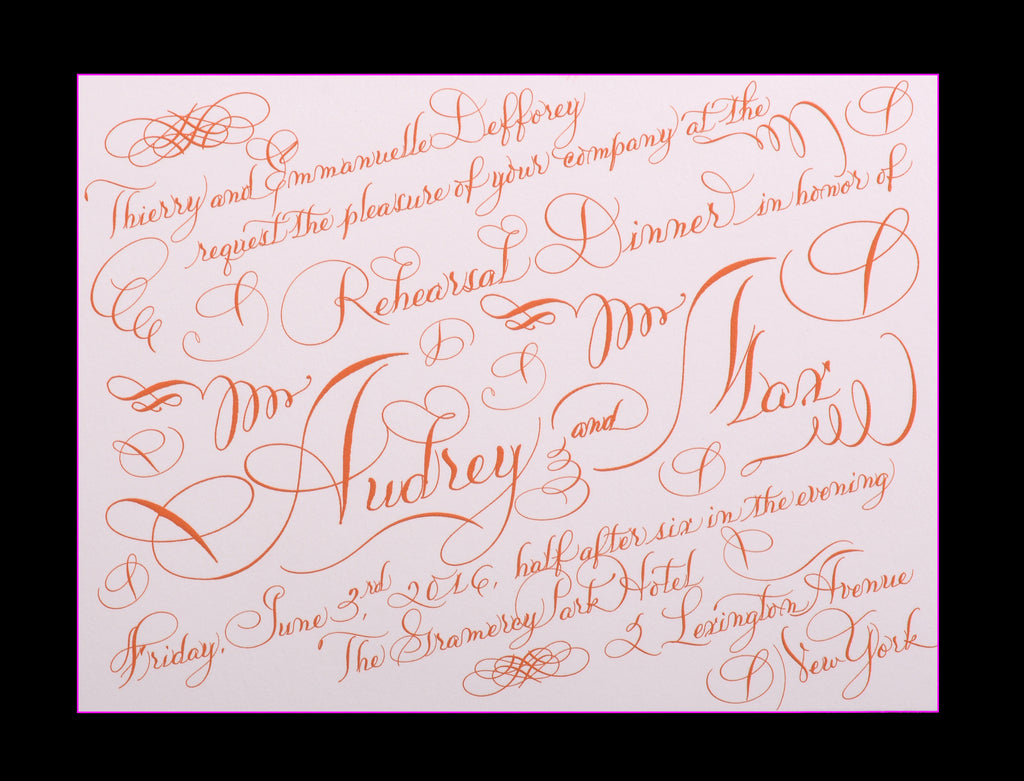 Invitations; title: Audrey & Max Rehearsal Dinner