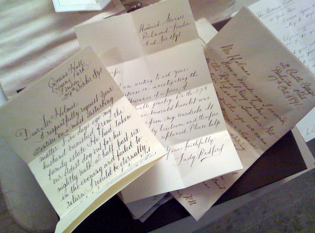 ; title: sherlock holmes written letters prop creation 19th century styles
