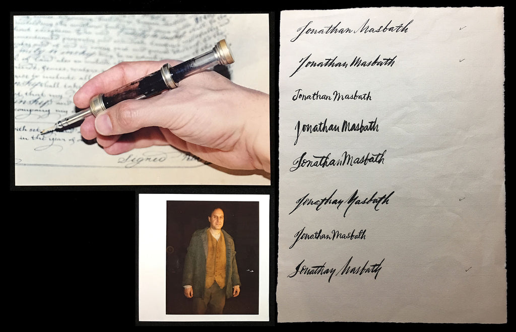 ; title: Signature development for signing the will as Masbath, Sleepy Hollow.  In costume.